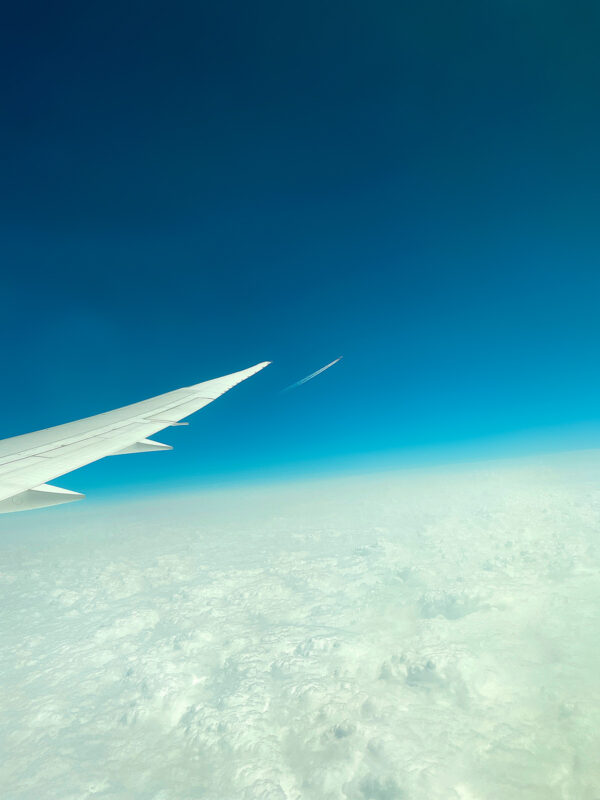 Airplane wing and contrail photograph by Iskra